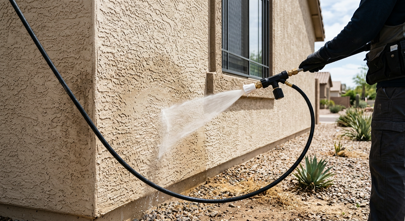 Pressure washing equipment cleaning a stucco home wall